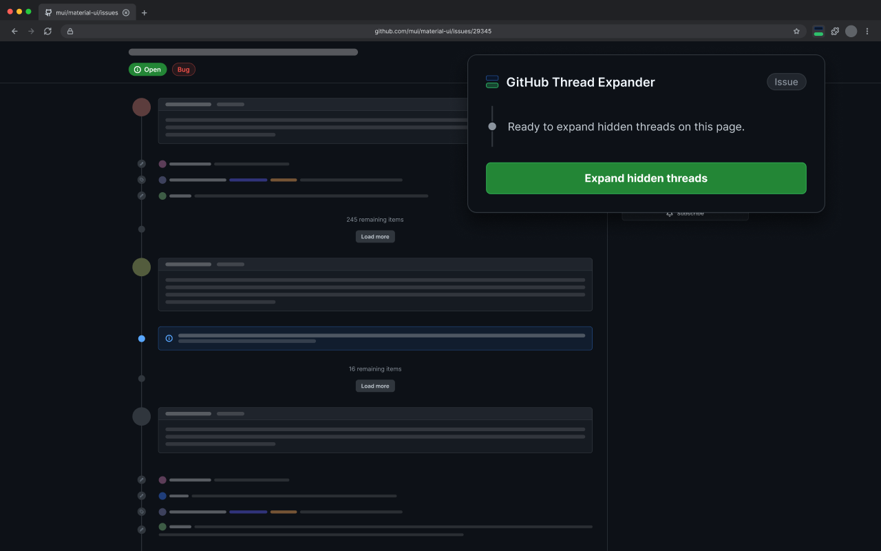GitHub Thread Expander ready to expand hidden threads on a GitHub issue